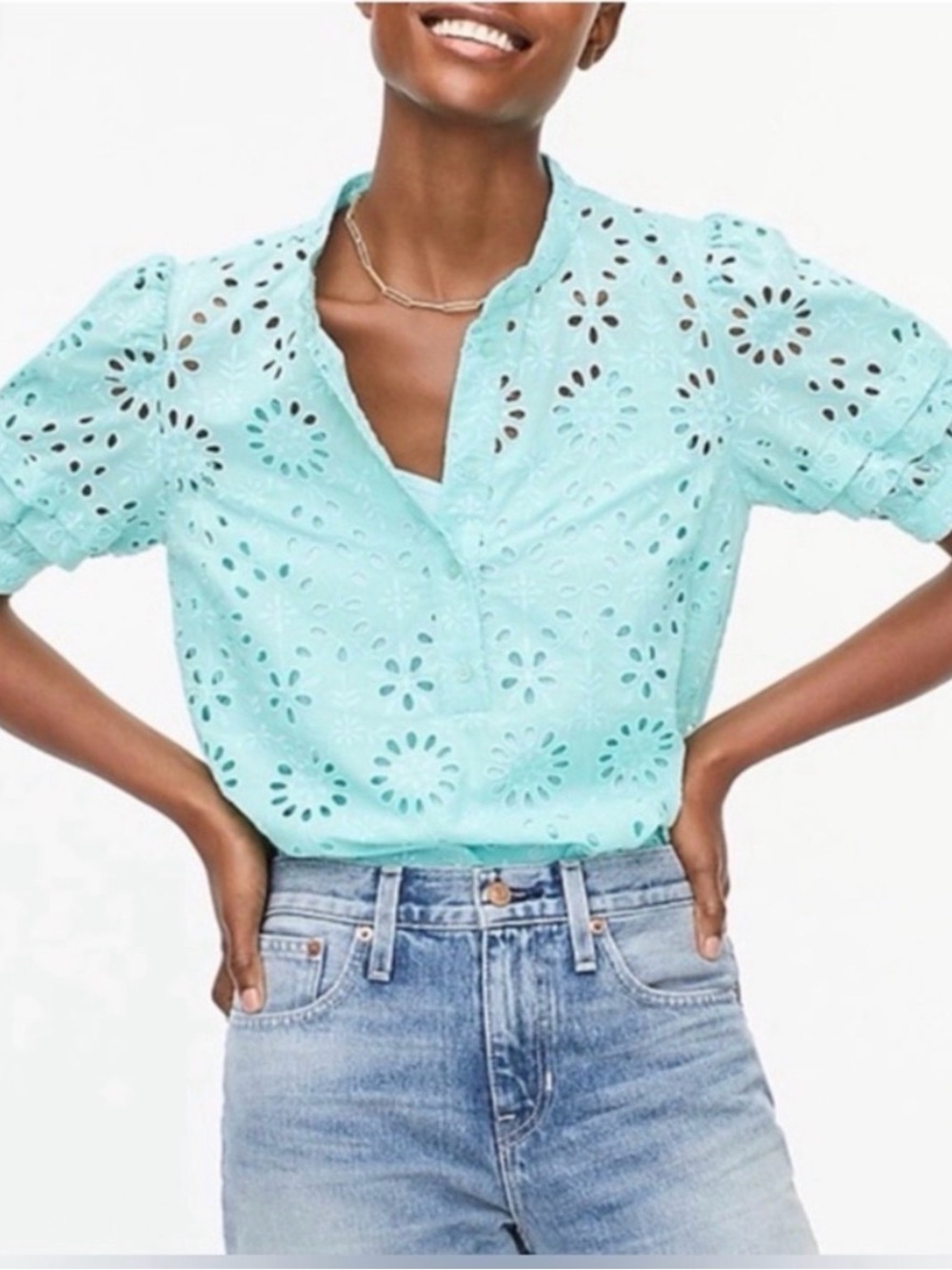 J. Crew Mint Eyelet Short-Sleeve Blouse